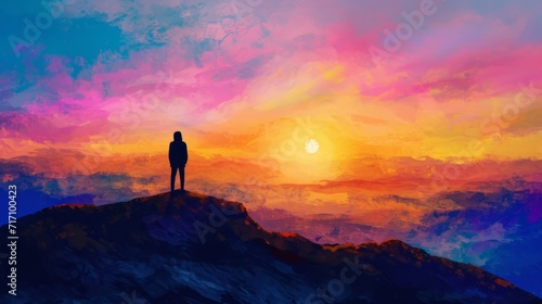 Man standing on top of a mountain and looking at the sunset. A silhouette of a person standing on a mountaintop, gazing towards a vibrant sunrise.  © Oskar Reschke