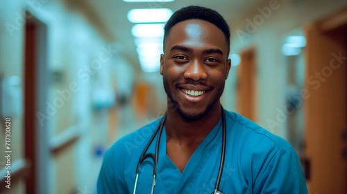 Jóvenes enfermeras o médicos sonriendo en el pasillo del hospital 