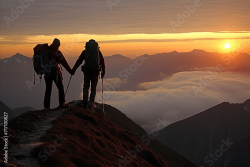 Two hikers working together to successfully reach the summit of the mountain trail