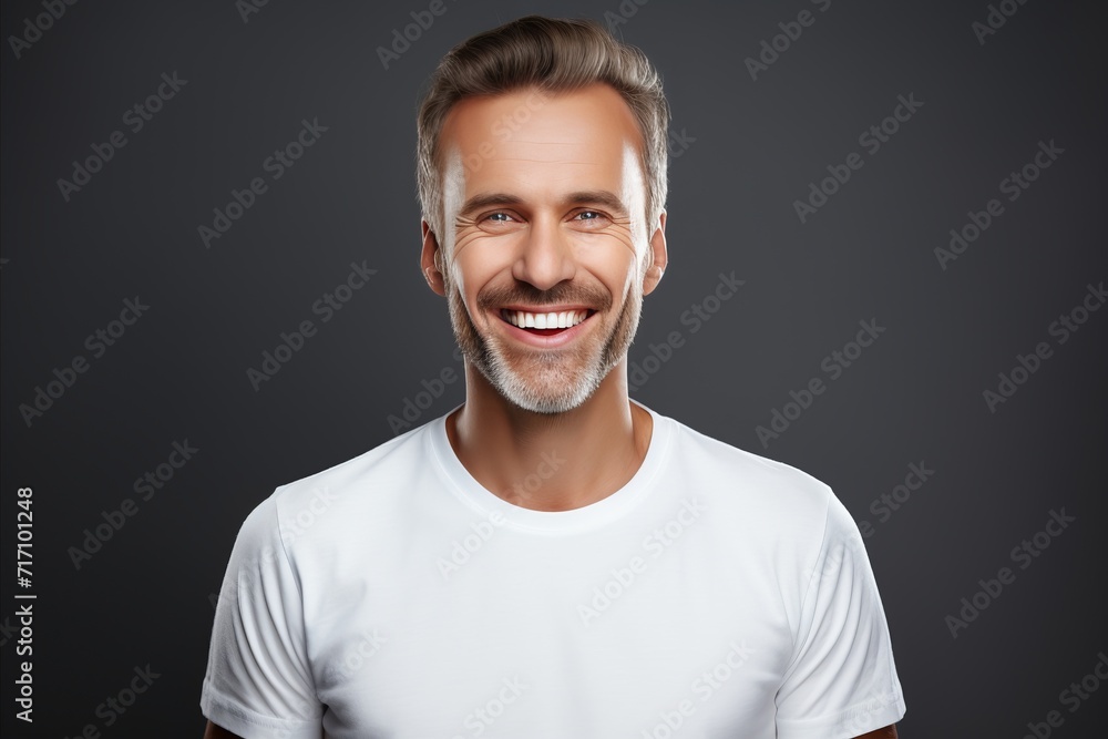 Man with brilliant smile and whitened teeth on grey backdrop Man with brilliant smile and whitened teeth on grey backdrop