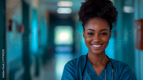 Jóvenes enfermeras o médicos sonriendo en el pasillo del hospital
 photo
