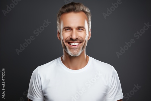 Man with brilliant smile and whitened teeth on grey backdrop © chelmicky