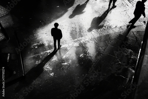 Silhouette of a man standing in the middle of the night city. A silhouette of a person standing amidst chaotic urban shadows, surrounded by ambiguous figures. The noir. Long shadows, black and white