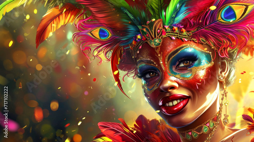 Woman with colorful feather mask and glitter makeup, Brazilian carnival celebration
