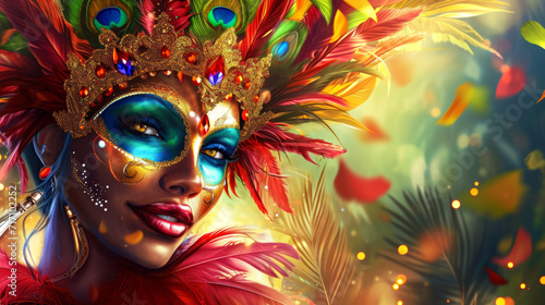 Colorful carnival celebration, happy woman wearing festive Brazilian mask with bright plumage