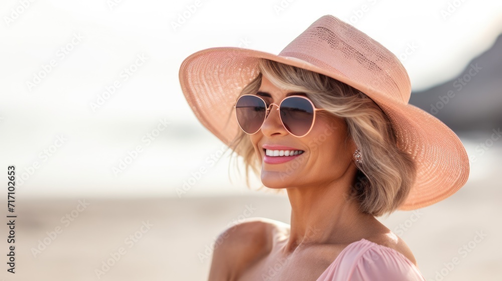 Carefree Summer Style: Mature Woman with Beach Hat and Sunglasses Enjoying Vacation