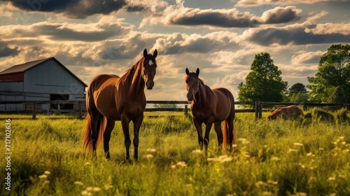 Beautiful Horses Grazing in Central Kentucky Farm with Country Landscape © Serhii