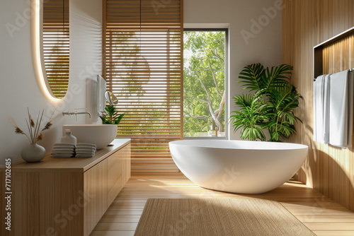 ba  o moderno y espacioso decorado con madera  ba  era independiente  lavabo con espejo y plantas  con gran ventanal con vistas a la naturaleza