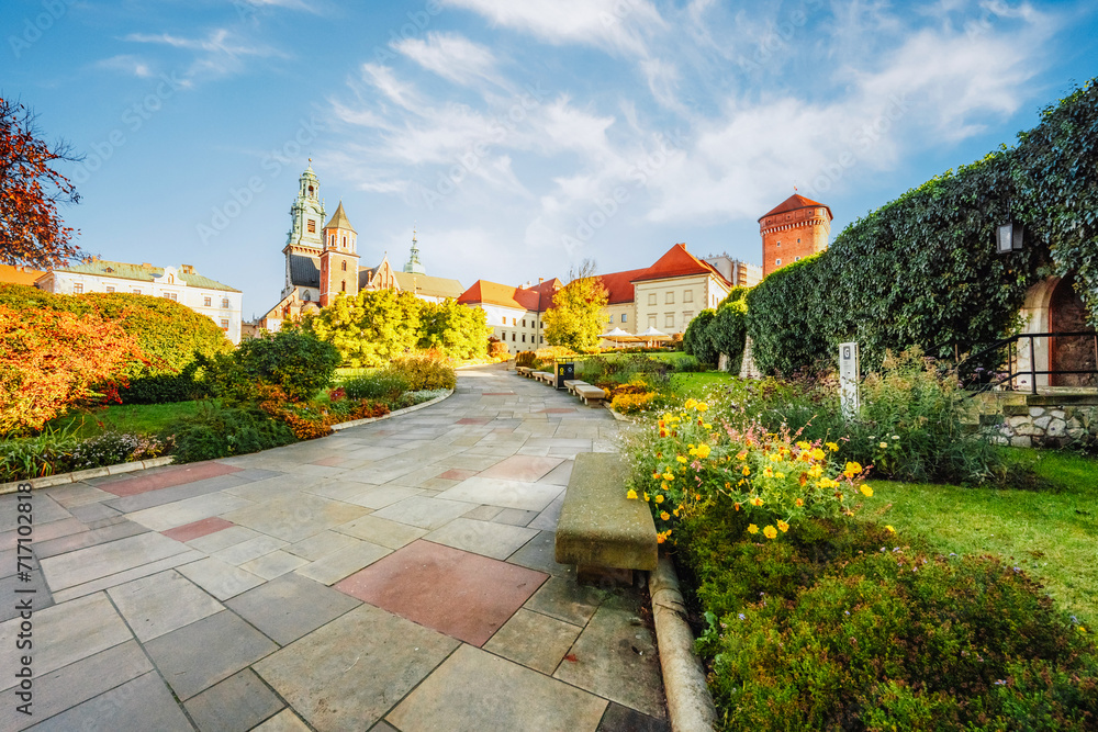 Wawel castle famous landmark in Krakow Poland. Landscape on coast river Wis - obrazy, fototapety, plakaty 