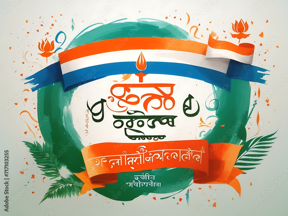 Marathi Calligraphy Prajasattak din means Happy Republic Day in India. It's celebrated on 26th January. Republic Day greetings in Marathi language design. - obrazy, fototapety, plakaty 