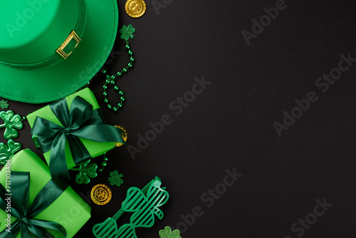 Bright shamrock affair: St. Patrick's Day soirée. Top view shot of present boxes, leprechaun hat, party glasses, trefoils, coins, beads on black background with advert area