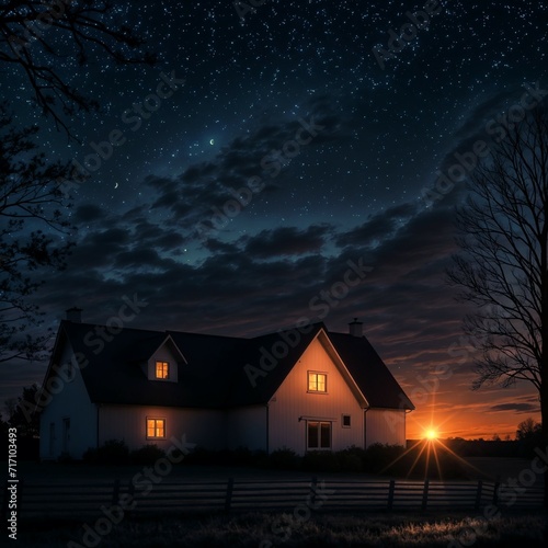 Farmhouse in rural America with night sky and sun rise.