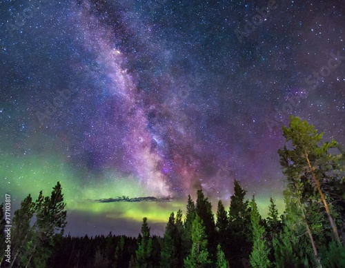 Aurora Purple and MilkyWay Galaxy Time Lapse Over Forest Tilt Up