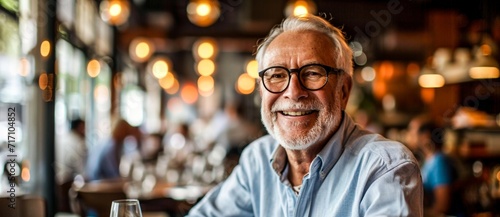 A stylish man confidently beams through his glasses, his smile lighting up the indoor restaurant as he captures the attention of the street outside