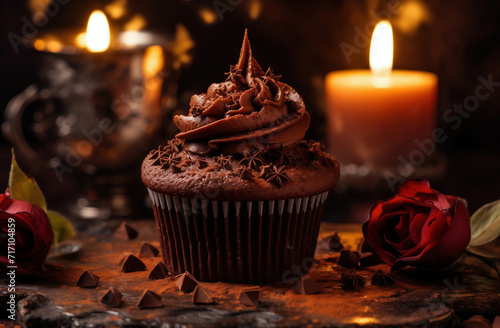 Chocolate muffin with red rose on a dark background. Selective focus