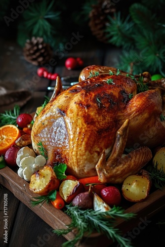 A deliciously cooked roasted turkey served on a platter with an assortment of fresh fruits and vegetables. Perfect for Thanksgiving or any festive occasion