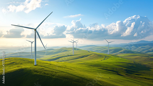windmills turbines in a natural field for wind generation of hydrogen out of air or water into pipeline, Green hydrogen nitrogen to form nitrogen fertilizer production banner concept 