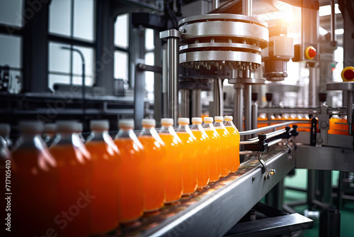 Process of beverage manufacturing on a conveyor belt at a factory.Background