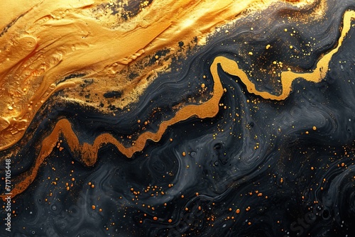 Abstract black and gold liquid with gold paint with a mesmerizing map of the unknown, painted with a lustrous black and gold liquid that flows like water. Great as wallpaper, texture, pattern. © Merilno