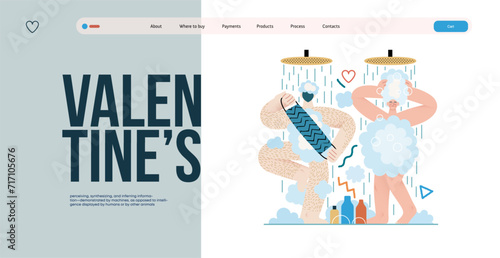 Valentine: Shared Routine - modern flat vector concept illustration of a couple engaging in a playful shower routine together. Metaphor of intimacy in daily life, unity, affection, love, connection