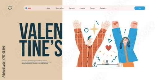 Valentine: Joyful Success - modern flat vector concept illustration of a happy couple celebrating winning at chess with raised arms. Metaphor of love, shared achievement, affection, connection