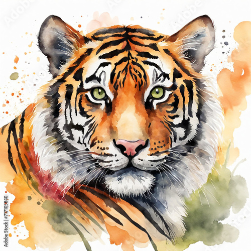 This is a vibrant watercolor painting of a tiger s face  showcasing intense and captivating details. The tiger has striking yellow-green eyes that are full of intensity
