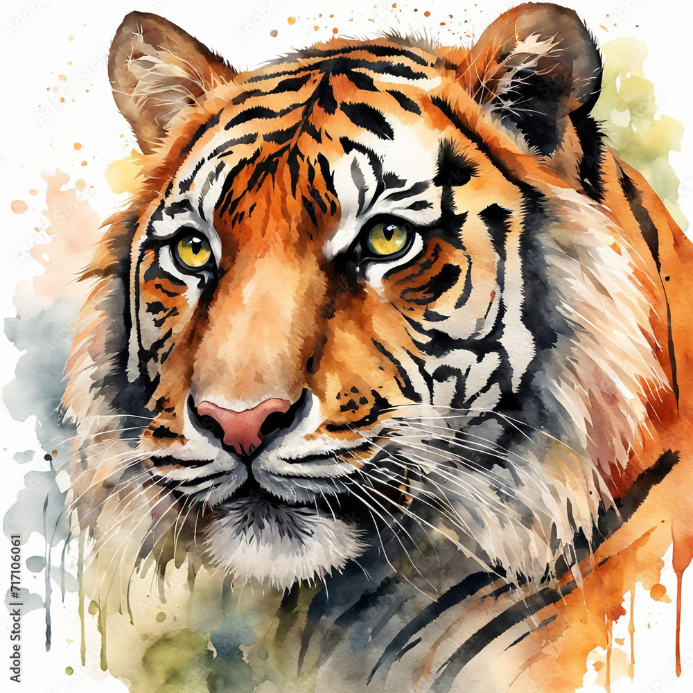 This is a vibrant watercolor painting of a tiger's face, showcasing intense and captivating details. The tiger has striking yellow-green eyes that are full of intensity.
