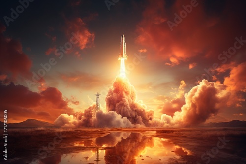 A powerful rocket takes off, beginning its journey into the boundless vastness of space