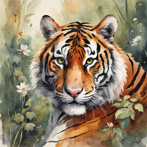 This is a vibrant watercolor painting of a tiger s face  showcasing intense and captivating details. The tiger has striking yellow-green eyes that are full of intensity.
