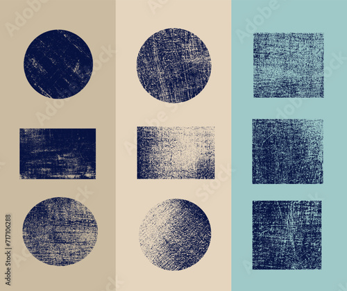 Set of blue grunge square and round template. Vector painted squares or rectangular shapes. Dirty grunge design frames, borders or templates for text. Hand drawn brush strokes high quality textured