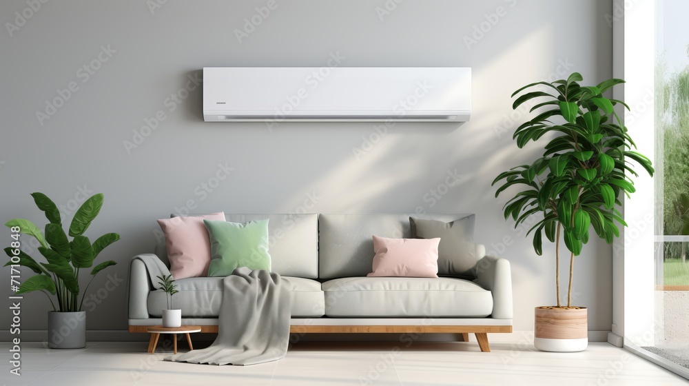 Air purifier split unit mockup for efficient cooling and fresh air in modern living room
