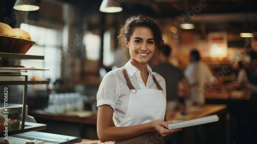 Young barista serving coffee. Grocery worker. Smiling beautiful woman in apron serving a big cup of coffee to a customer in a modern cafe, bar