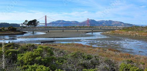 Panoramic view of the Golden Gate Bridge from the Crissy Field Marsh.