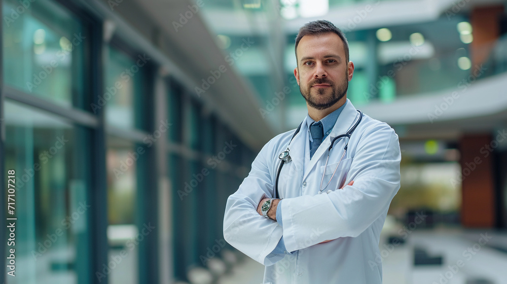 A confident and handsome doctor in a tailored white coat, standing against the backdrop of a modern hospital, exuding professionalism and style. A confident and handsome doctor in a tailored white coat, standing against the backdrop of a modern hospital, exuding professionalism and style.