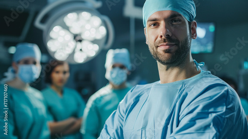 A well-groomed male doctor in fashionable surgical scrubs, leading a surgical team in a high-tech operating room, epitomizing precision and style in the medical field.