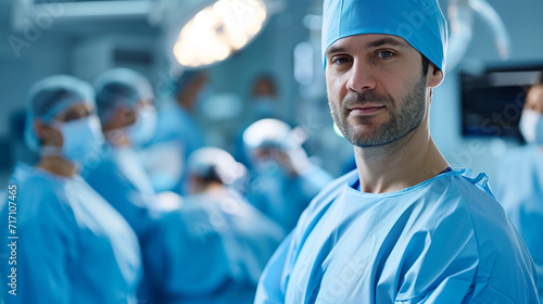 A well-groomed male doctor in fashionable surgical scrubs, leading a surgical team in a high-tech operating room, epitomizing precision and style in the medical field.