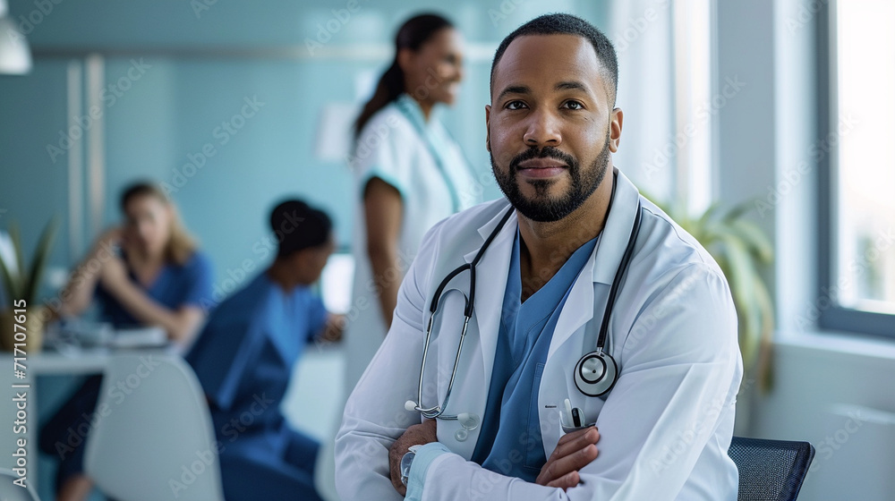 A stylish male doctor in chic athleisure-inspired medical scrubs, embracing a healthy lifestyle while attending to patients in a wellness clinic, emphasizing the holistic approach A stylish male doctor in chic athleisure-inspired medical scrubs, embracing a healthy lifestyle while attending to patients in a wellness clinic, emphasizing the holistic approach