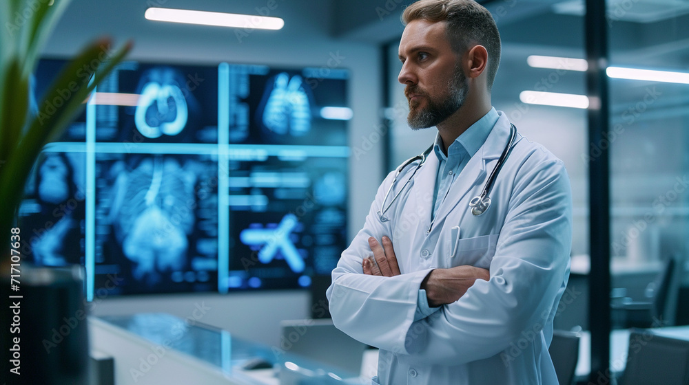 A handsome doctor in a sophisticated lab coat, conducting a groundbreaking medical presentation with visuals in a sleek conference room, demonstrating the intersection of style and A handsome doctor in a sophisticated lab coat, conducting a groundbreaking medical presentation with visuals in a sleek conference room, demonstrating the intersection of style and