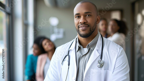 A well-groomed doctor in a stylish lab coat, consulting with a diverse group of patients in a modern clinic, embodying the principles of diversity and inclusivity in healthcare.