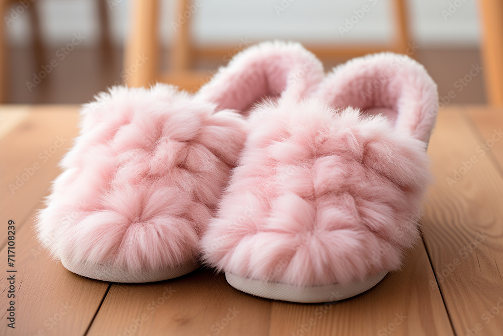 Pink fluffy women's house slippers. Generated by artificial intelligence Pink fluffy women's house slippers. Generated by artificial intelligence
