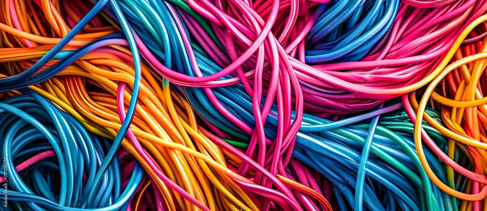An explosion of vibrant cables intertwine in an abstract display of colorfulness, evoking a sense of organized chaos and technological complexity