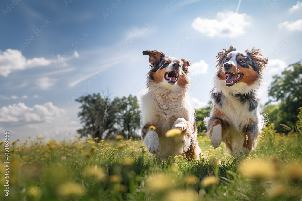 dogs in the park.Cute funny dog group jumps and running and happily a field blurred background dogs in the park.Cute funny dog group jumps and running and happily a field blurred background