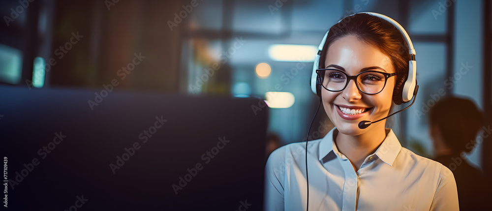 The smiling face of the customer service woman reflects her pride in her work answering calls - obrazy, fototapety, plakaty 
