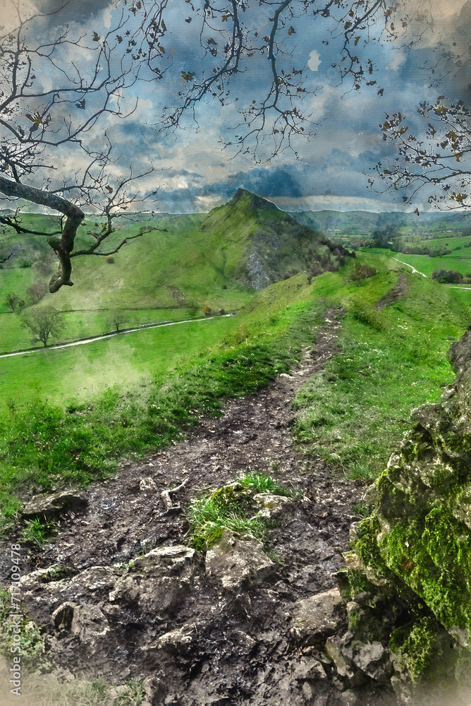 Digital watercolour painting of Beautiful landscape image of Parkhouse Hil viewed from Chrome Hill in Peak District National Park in early Autumn