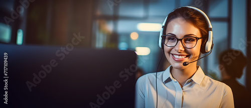 The smiling face of the customer service woman reflects her pride in her work answering calls