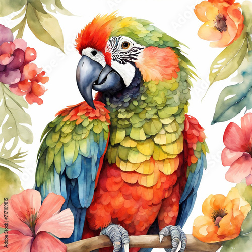 This is a vibrant and colorful illustration of a parrot perched on a branch, surrounded by beautiful flowers and foliage. The image features a brightly colored parrot with feathers in shades of red. © Tetyana Pavlovna