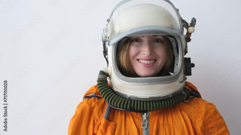 Happy woman astronaut wearing space suit open space helmet and smile. Girl power concept. Happy woman astronaut wearing space suit open space helmet and smile. Girl power concept.