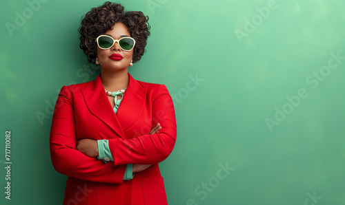 Bold Fashionista in Red Power Suit, Retro Sunglasses, Statement Necklace, Green Backdrop photo