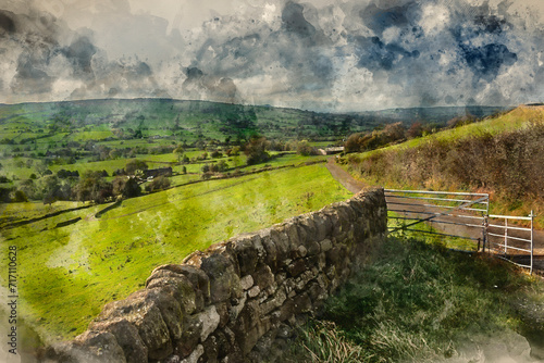 Digital watercolour painting of Beautiful wide vista landscape image of English countryside in Peak District National Park late afternoon early Autumn