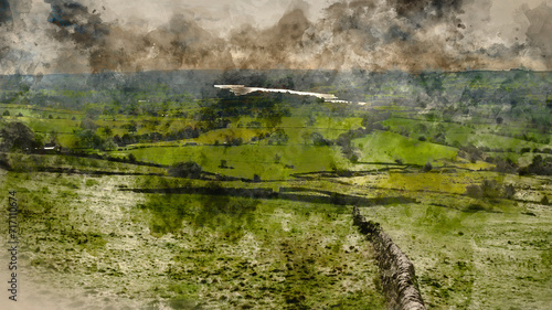 Digital watercolour painting of Beautiful wide vista landscape image of English countryside in Peak District National Park late afternoon early Autumn photo